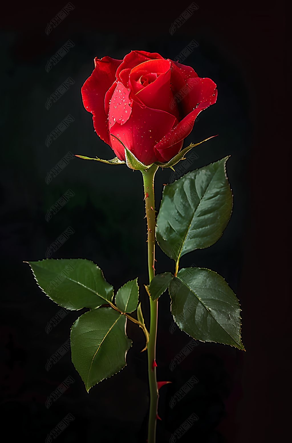 原创黑色背景下沾着露水的红色玫瑰花图片