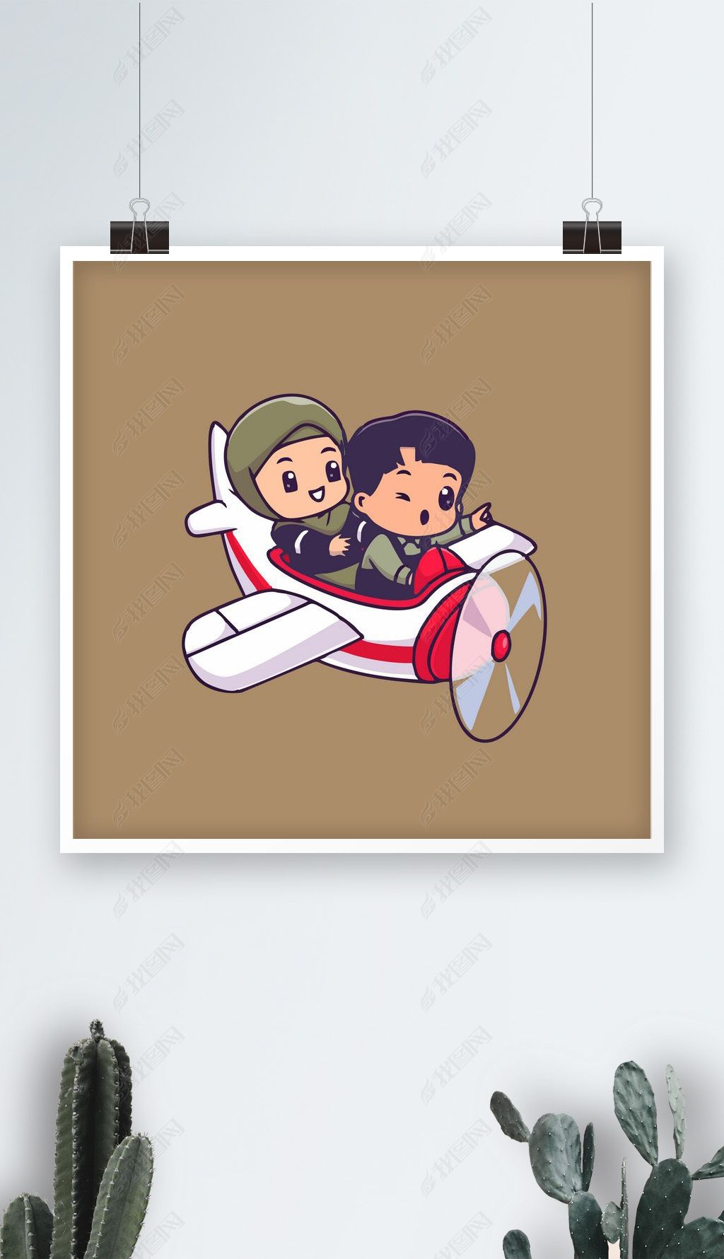 原创可爱兄妹飞机驾驶员q版卡通插画-版权可商用