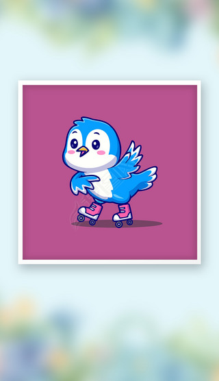 可爱蓝色滑旱冰小鸟q版卡通插画