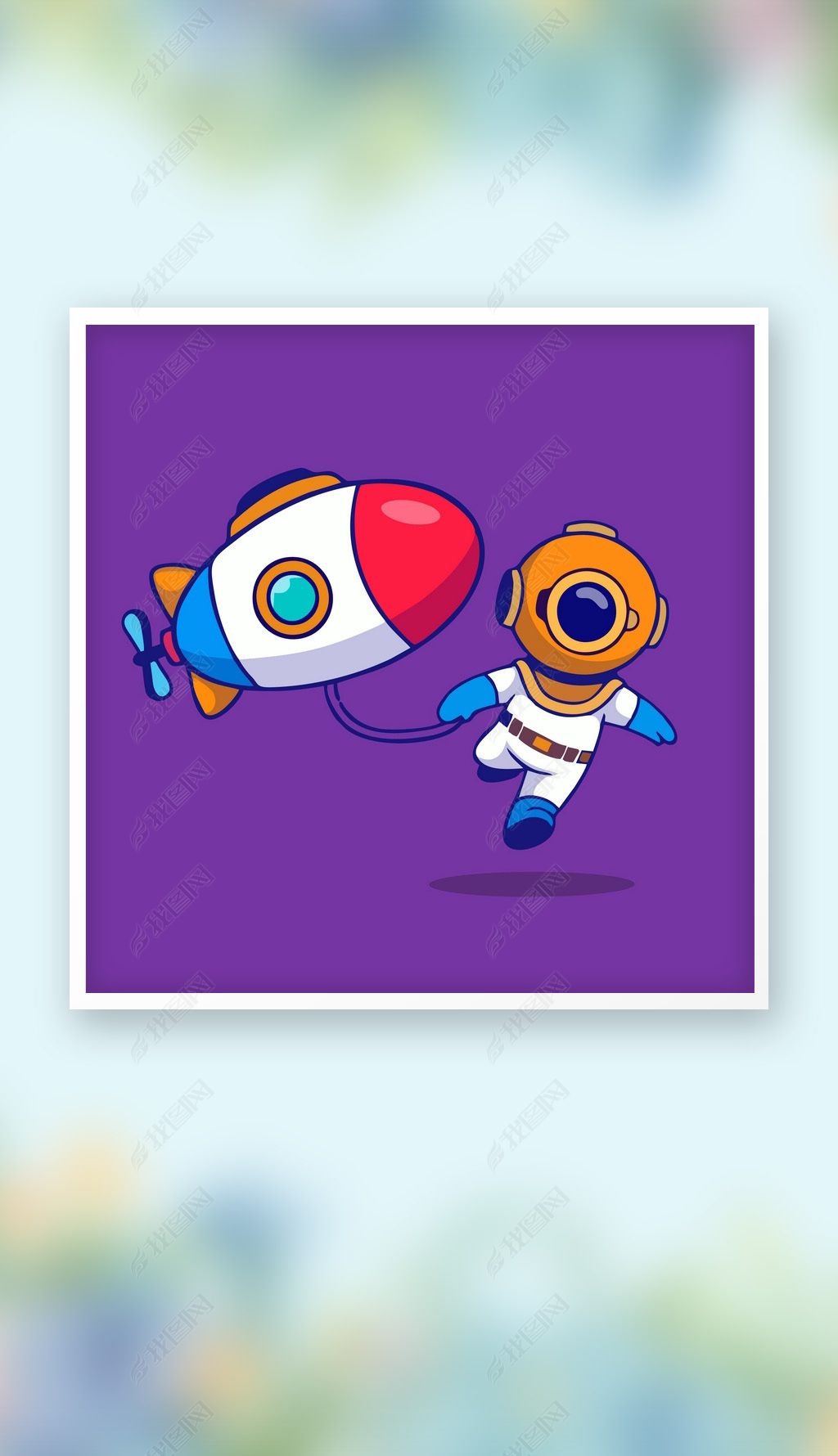 原创可爱矢量深海头盔潜水员海底世界q版卡通插画-版权可商用