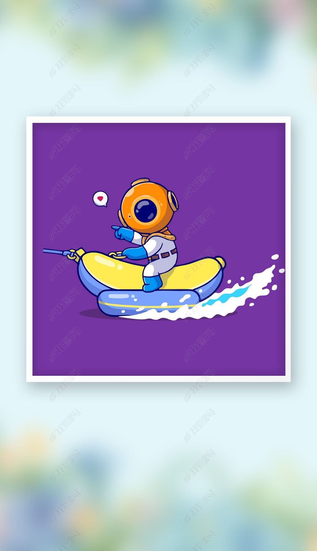 原创可爱矢量深海头盔潜水员橡皮筏q版卡通插画-版权可商用