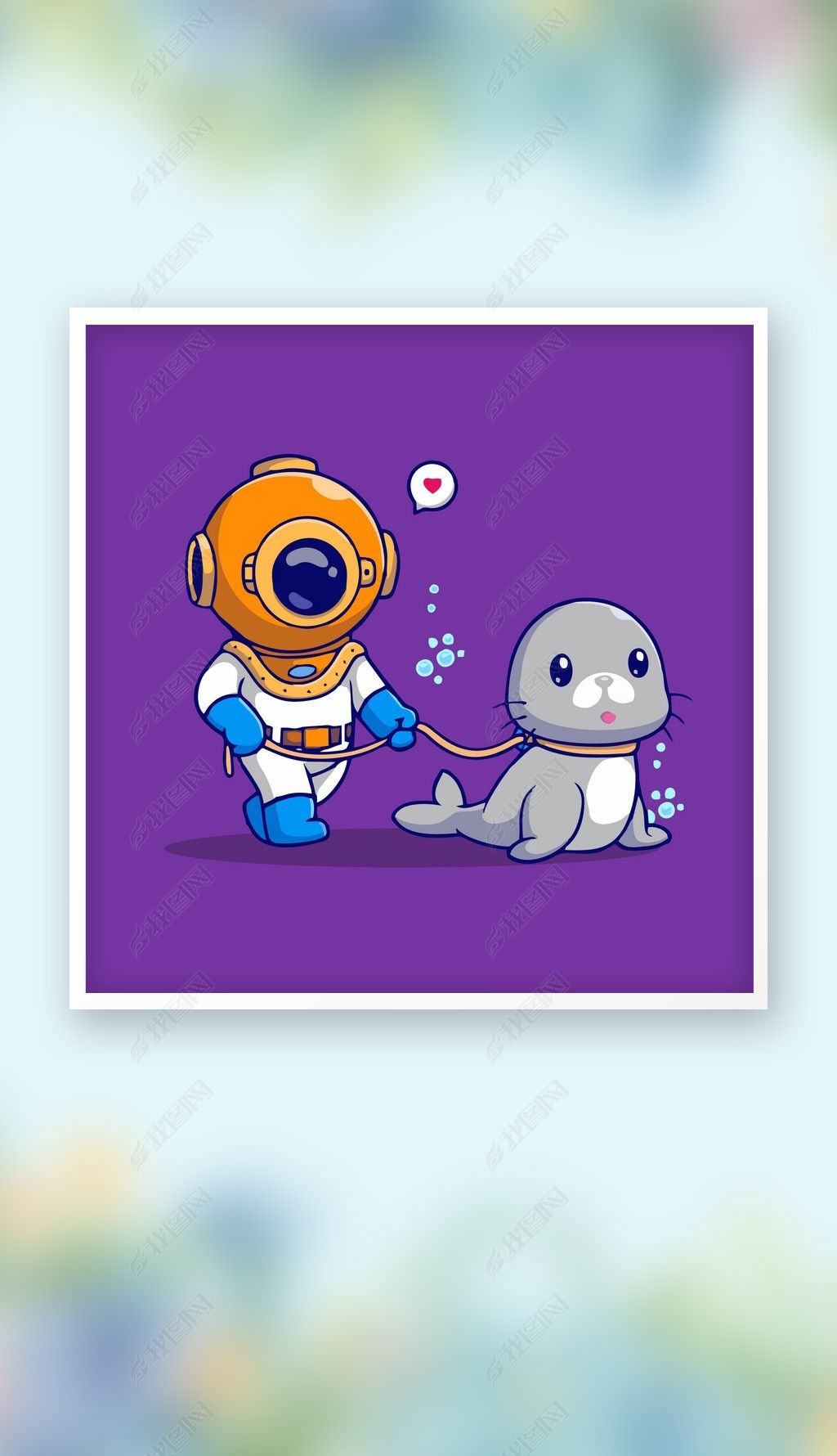 原创可爱矢量深海头盔潜水员遛海豹q版卡通插画-版权可商用