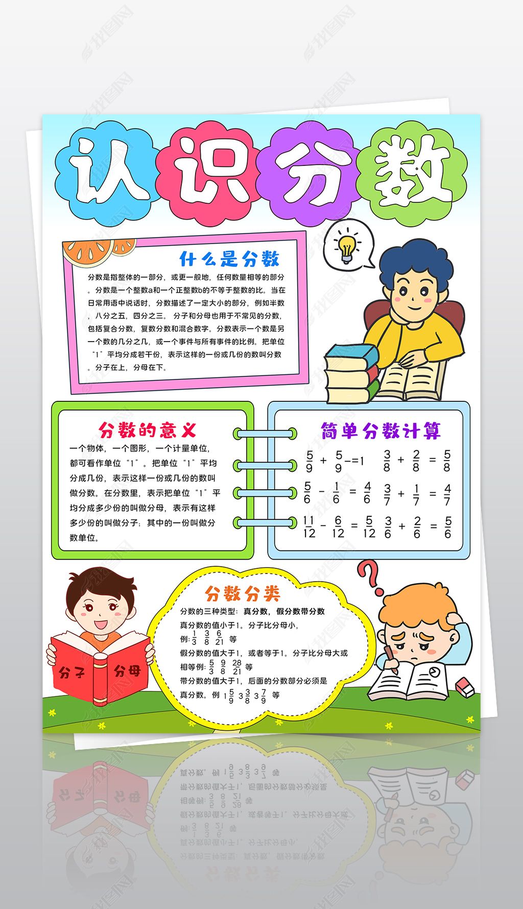 原创竖版认识分数手抄报分数小报数学手抄报线描模板-版权可商用