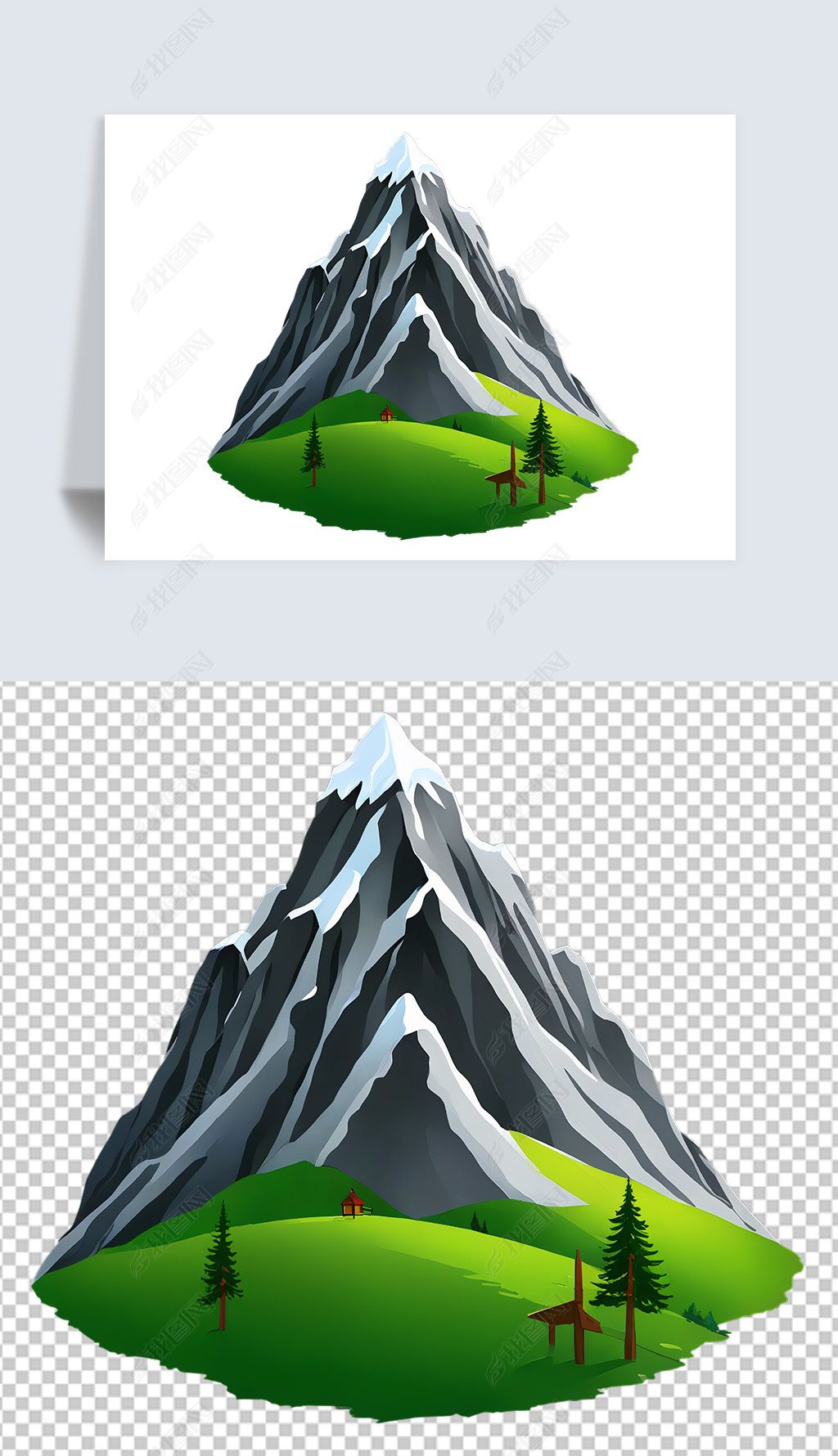 原创绿色山脉雪山高山插画海报免抠透明png图片素材-版权可商用