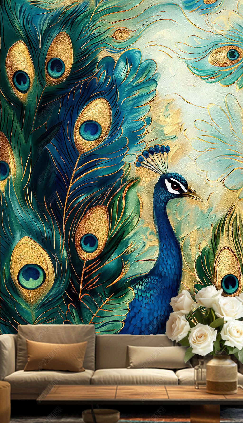 原创1现代蓝孔雀羽毛抽象鎏金轻奢客厅现代艺术装饰画