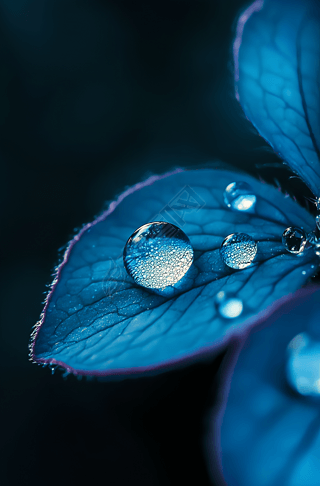 蓝色花朵上的水滴特写元素