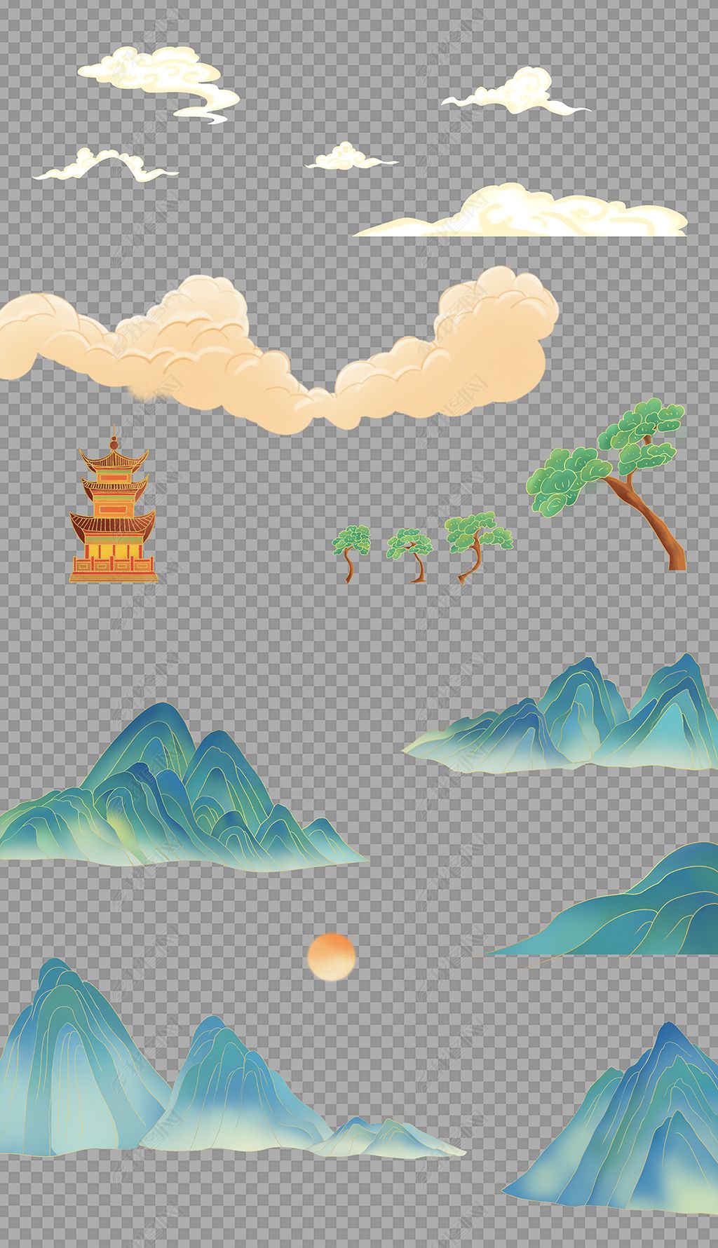 原创中国风新中式元素国潮山纹国潮祥云古塔免抠素材-版权可商用