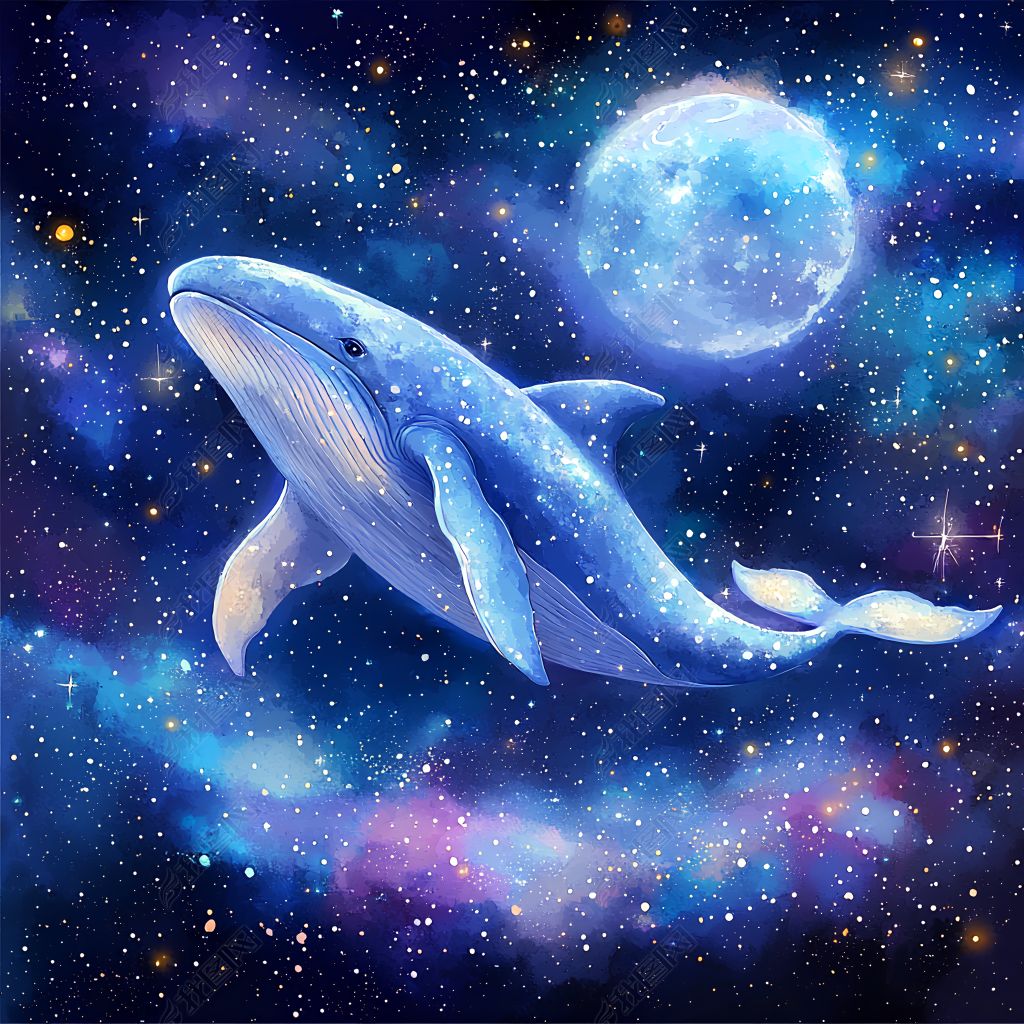 原创梦幻星空鲸鱼儿童房背景墙插画插图