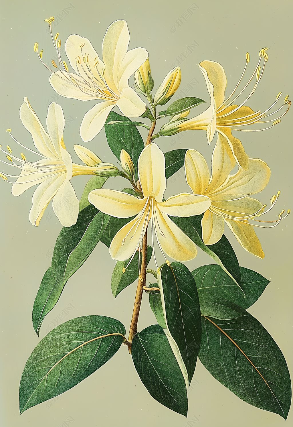 原创金银花中草药国潮国风水彩插画元素