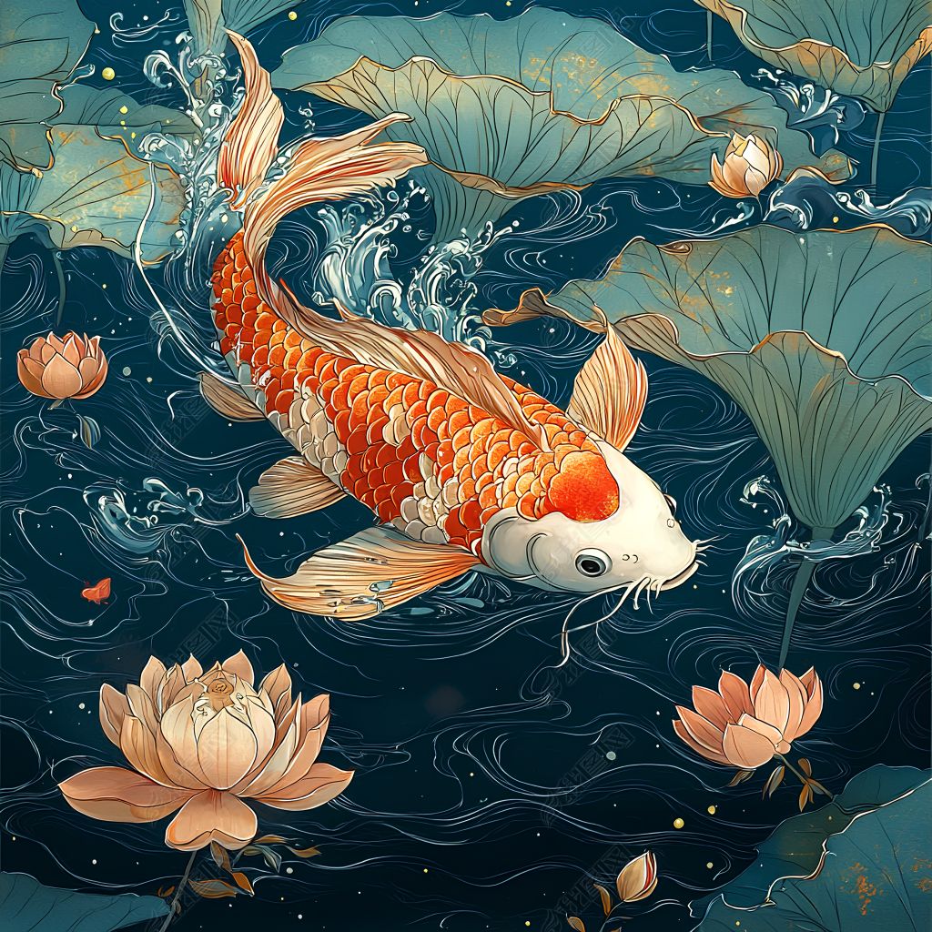 原创手绘国潮荷花锦鲤鱼跃龙门插画元素