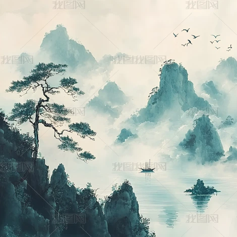 櫻山居士　山水画 肉筆 水墨山水画【風水山水図】新築 新宅 引越 開運絵画 縁起物