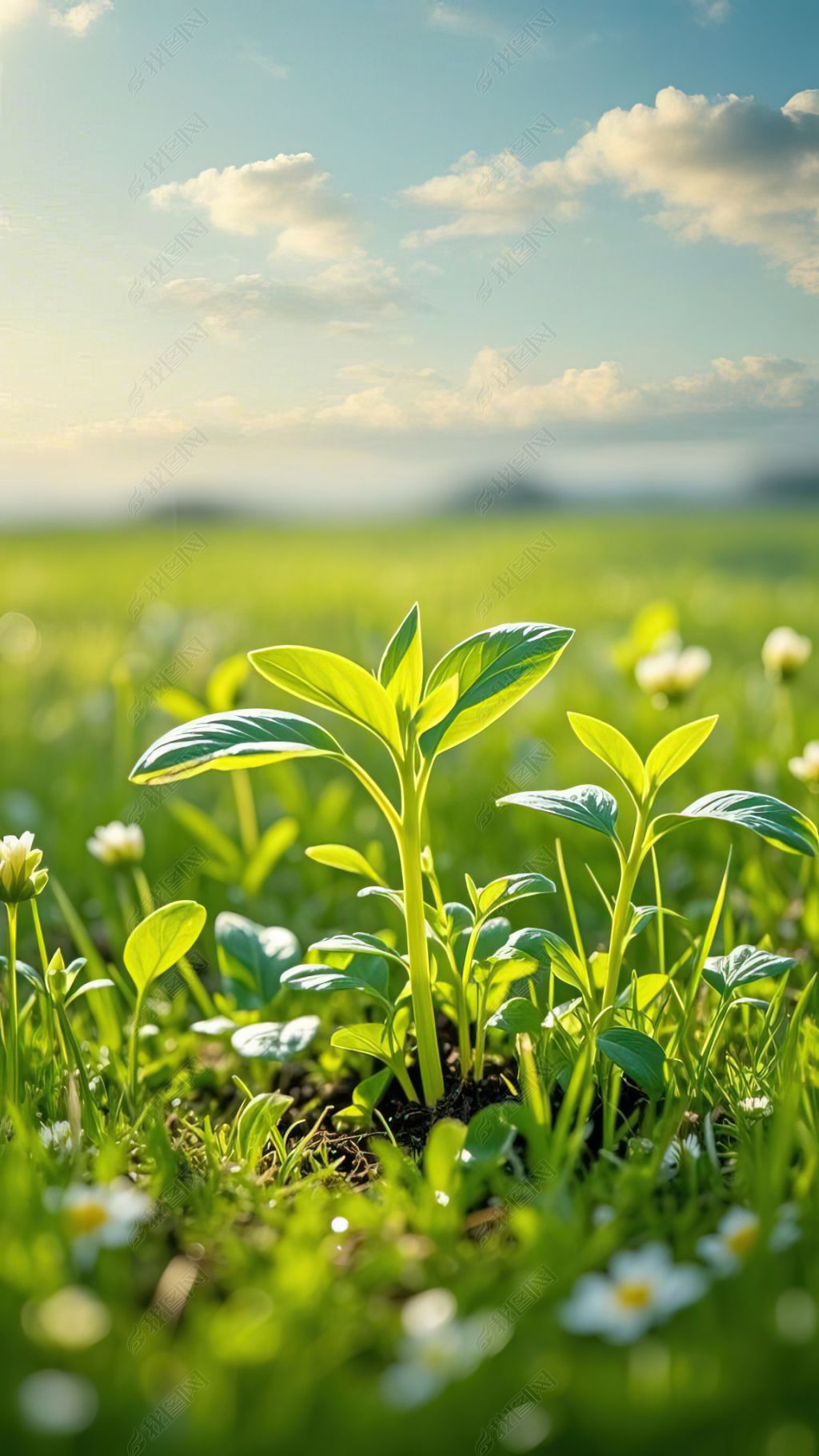 原创春天万物萌芽青青草地上出土的润芽小花绿色背景极简