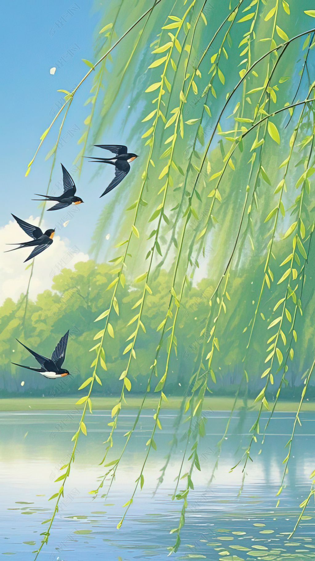 原创春天柳树燕子手机壁纸