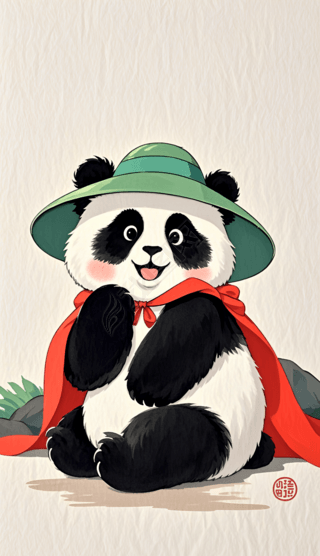 卡通简笔画披风大熊猫大侠手机壁纸