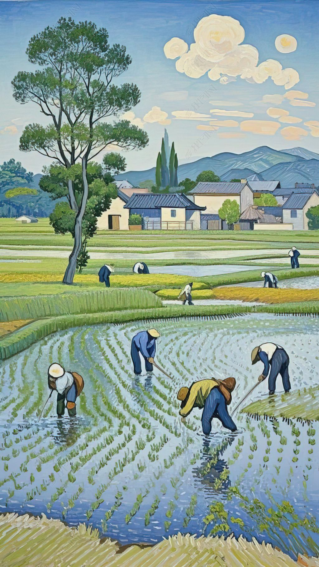 原创梵高风格春天耕种景象农民伯伯插秧手机壁纸