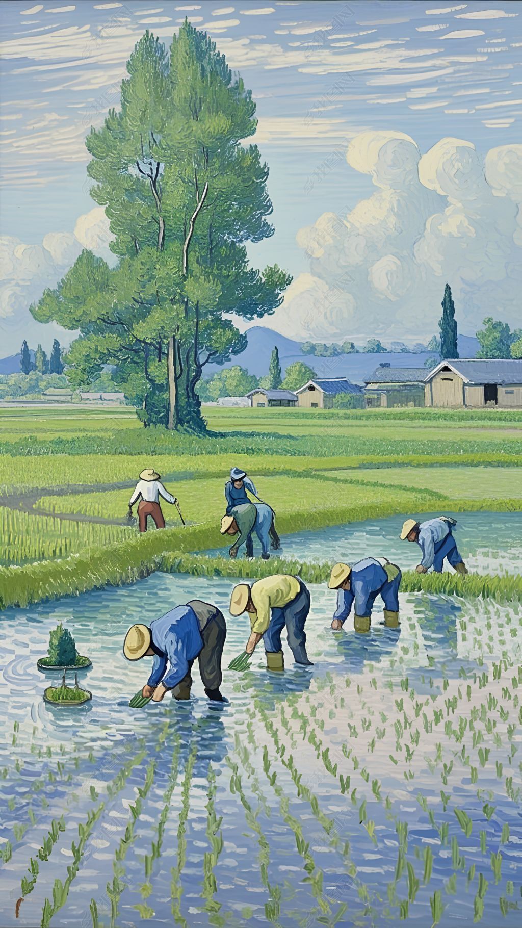 原创梵高风格春天耕种景象农民伯伯插秧手机壁纸