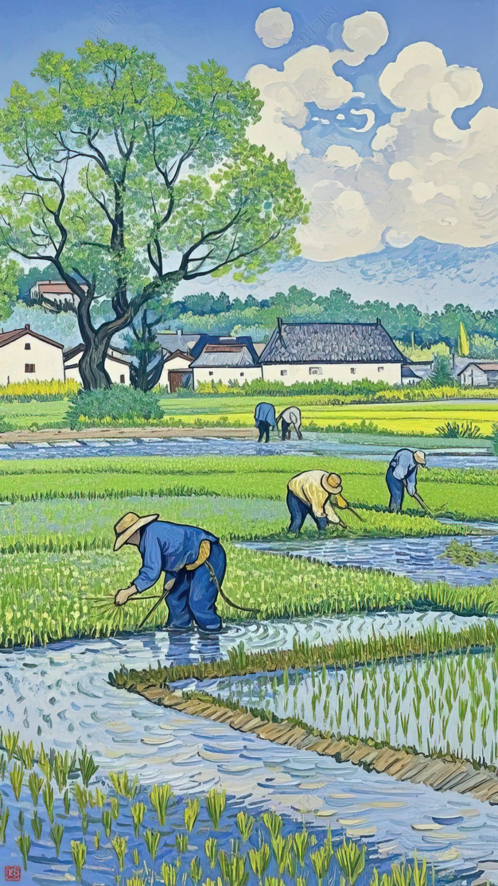 原创梵高风格春天耕种景象农民伯伯插秧手机壁纸4版权可商用