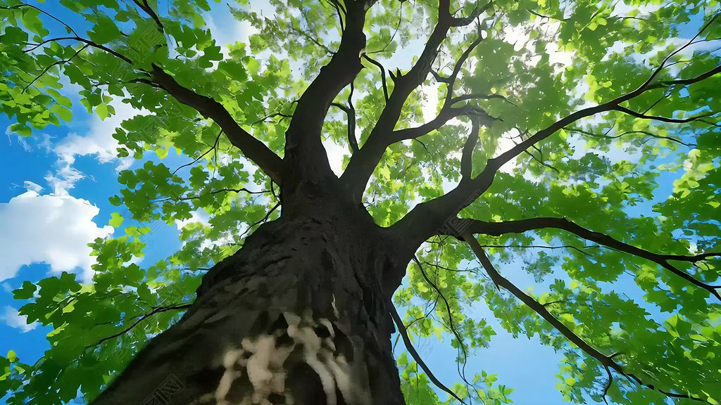 原创参天大树树干树枝仰视角度向上生长自然森林