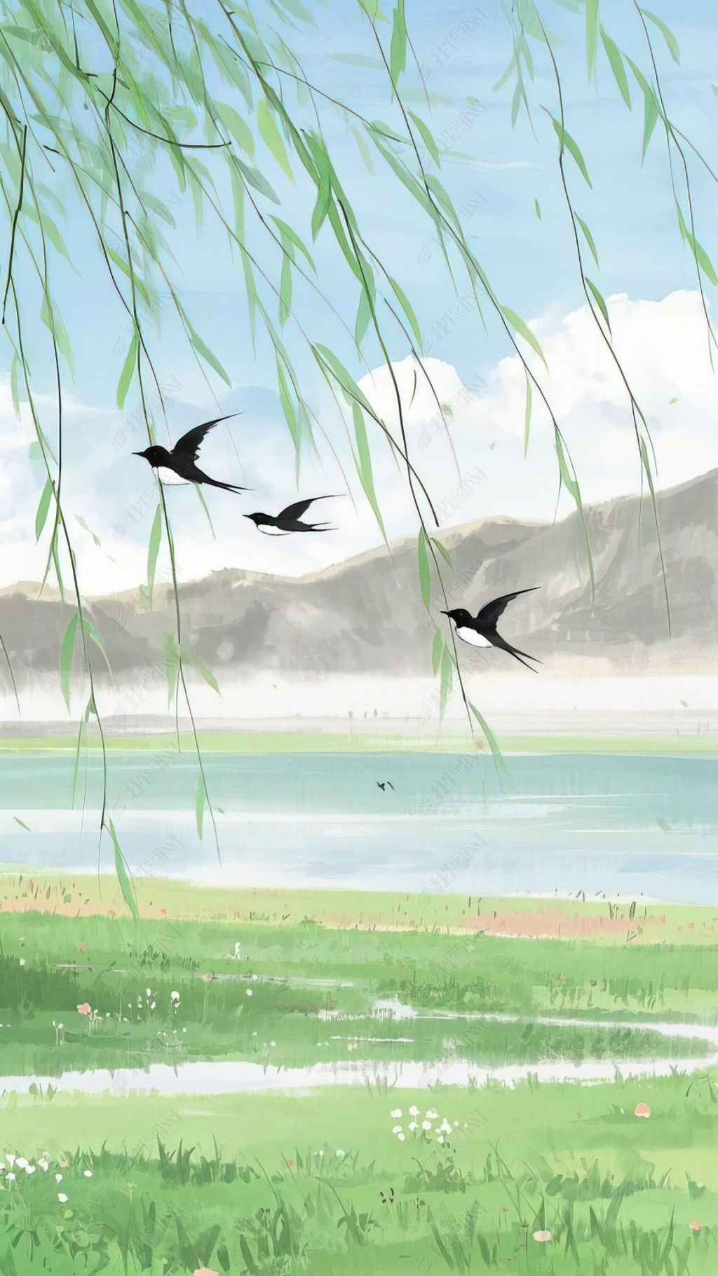 原创水墨春日柳树燕子手机壁纸