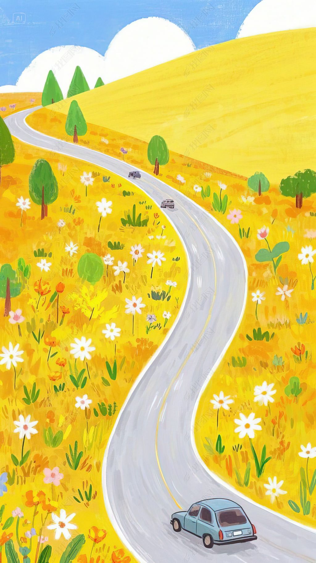 原创卡通简笔画旅途路上手机壁纸