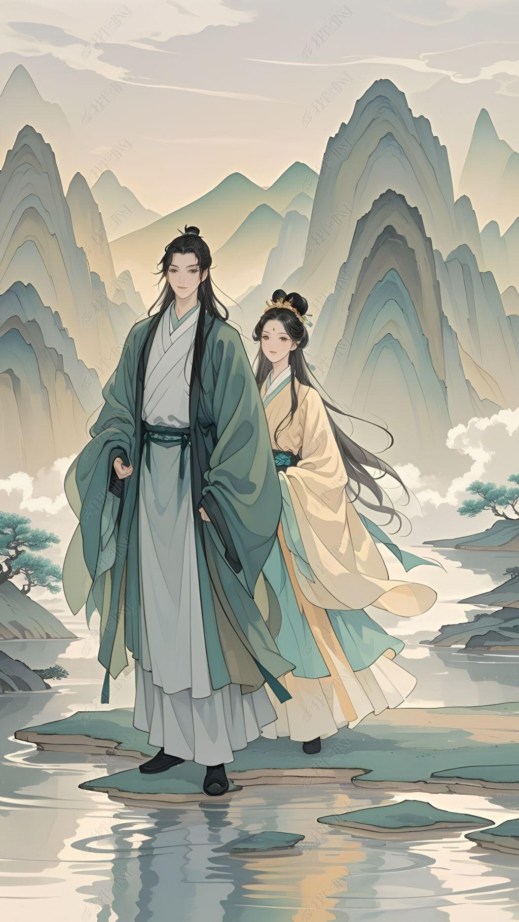 原创古代男女出游插画手机壁纸