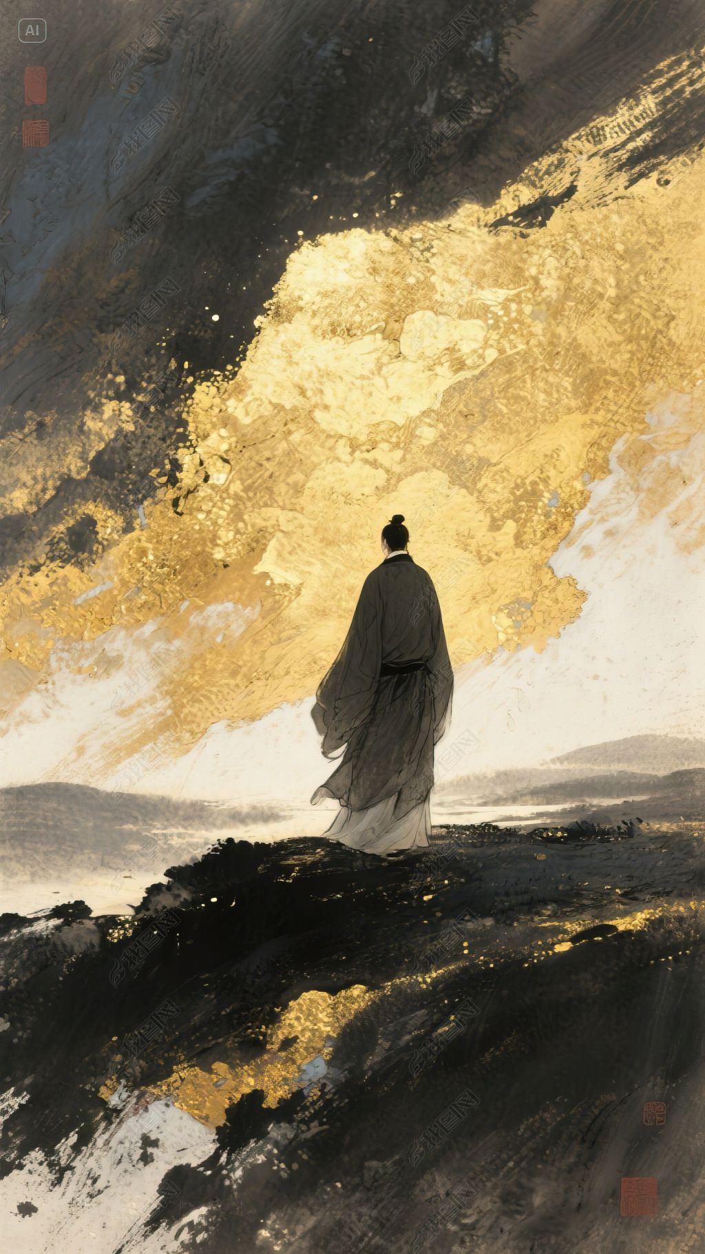 原创国风岩彩孤独背影手机壁纸