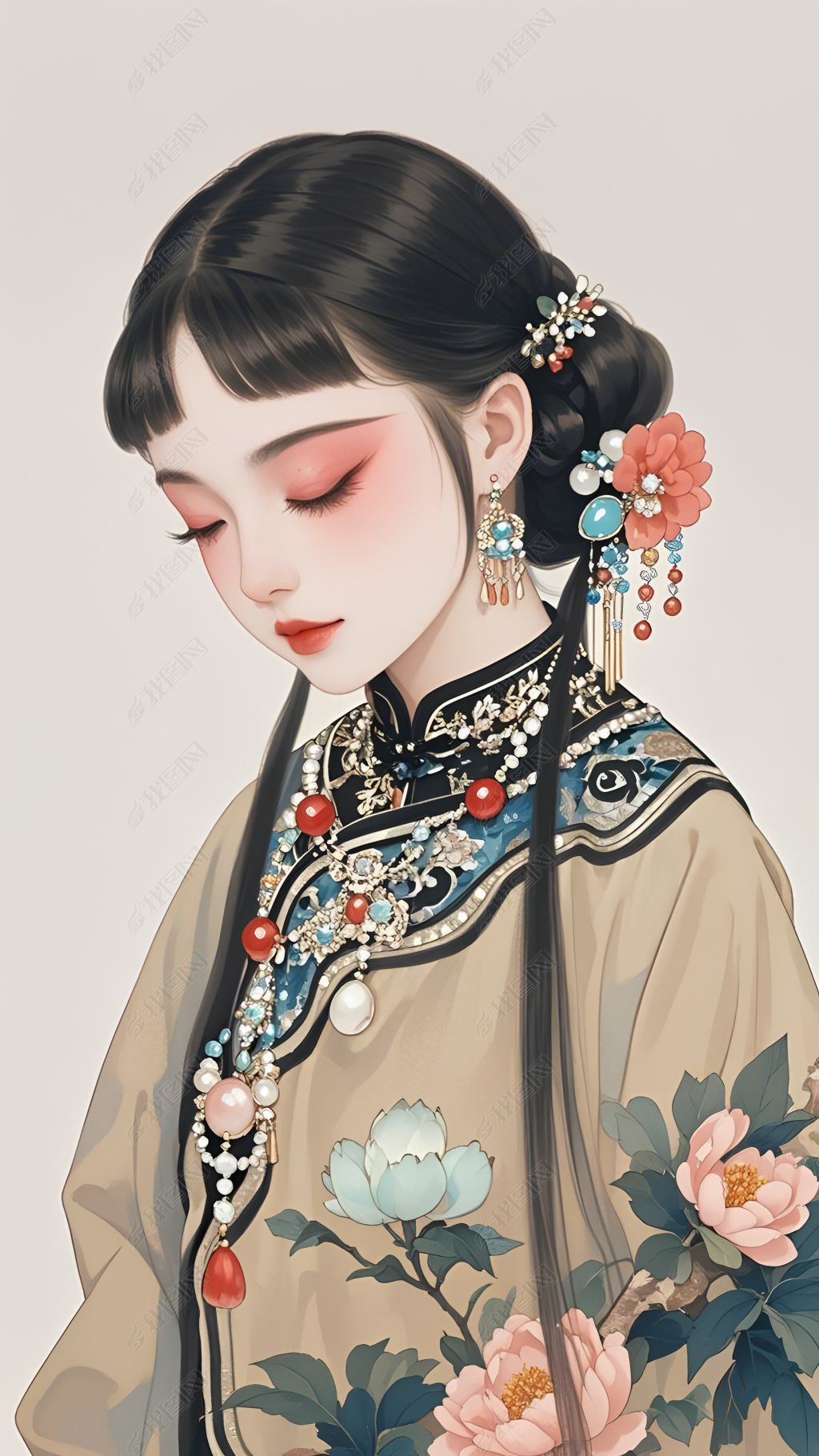 原创国风水彩古风女子手机壁纸5版权可商用