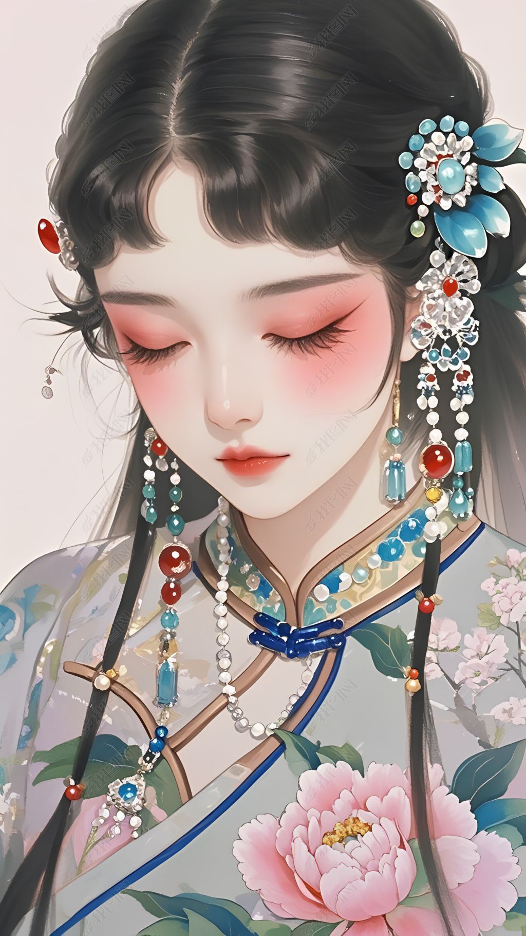 原创国风水彩古风女子手机壁纸