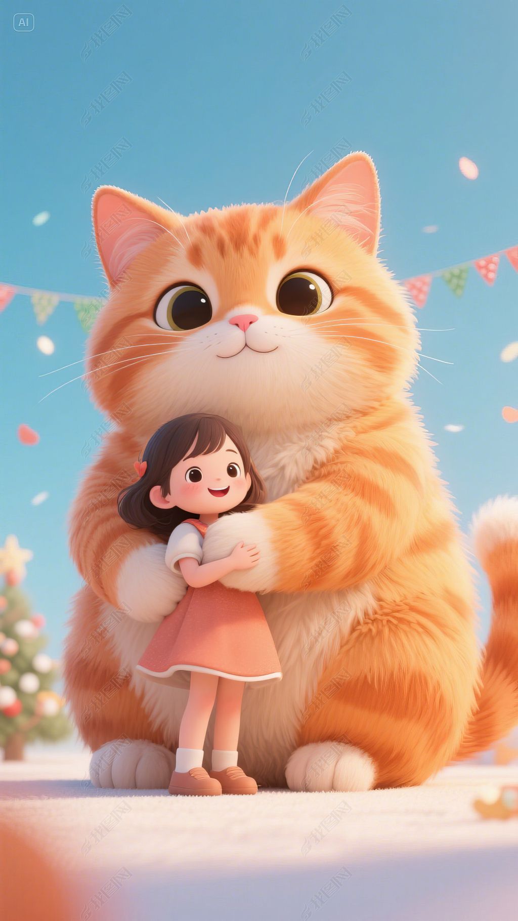 原创治愈系大橘猫抱着小女孩手机壁纸