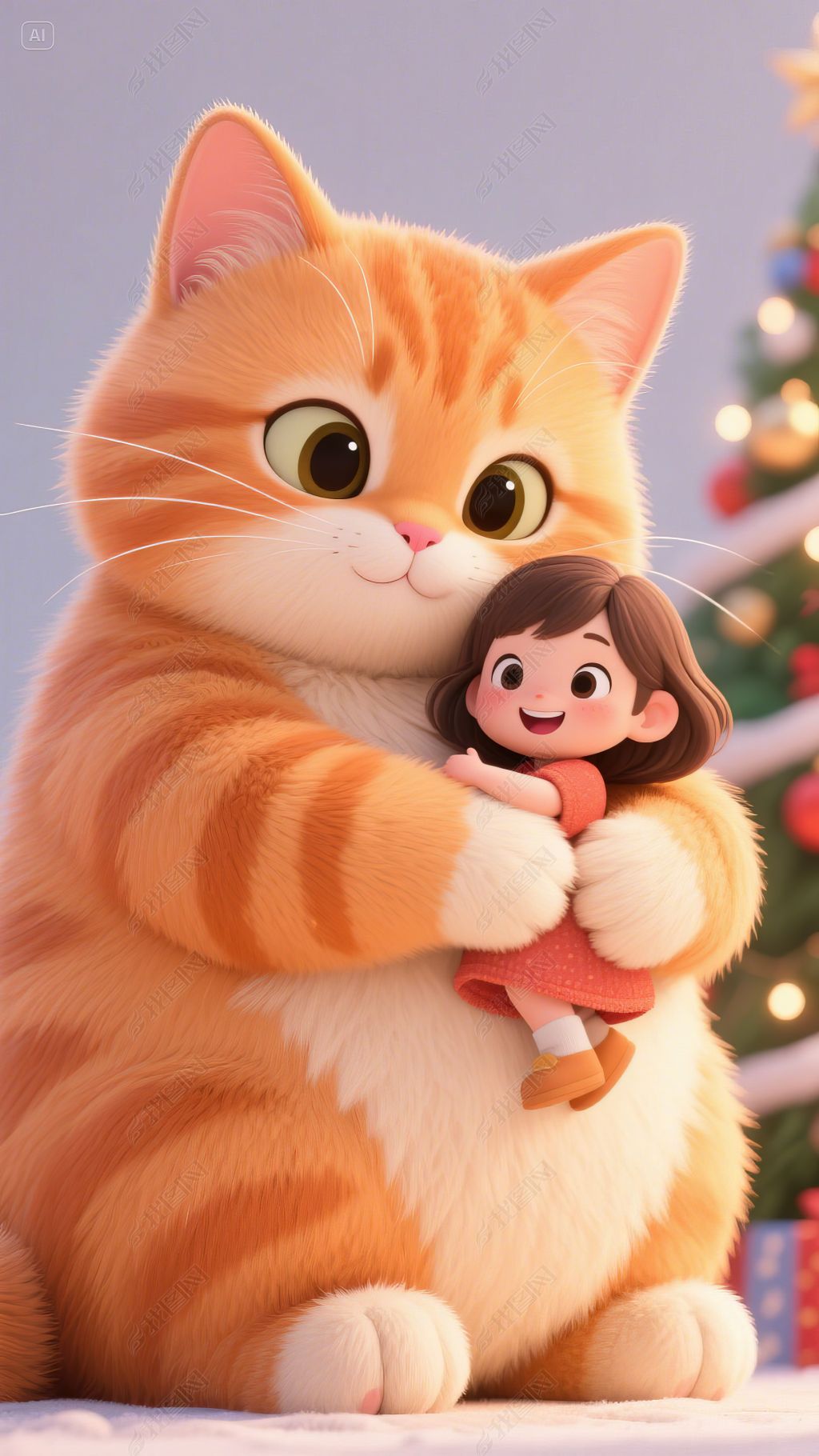 原创治愈系大橘猫抱着小女孩手机壁纸