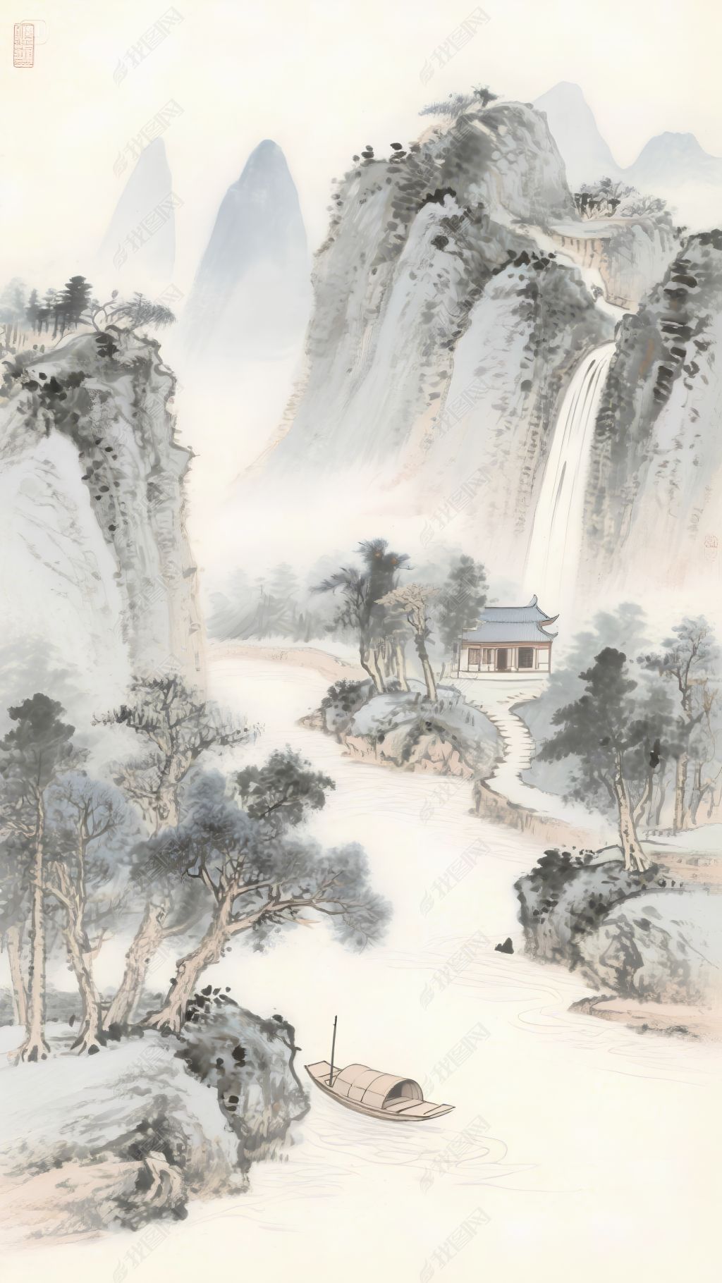 原创新中式工笔画观山水名画手机壁纸