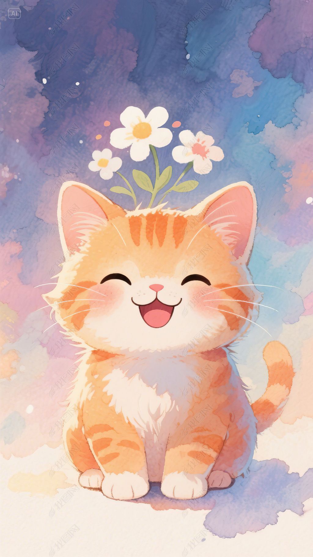 原创水彩风可爱q版小橘猫手机壁纸
