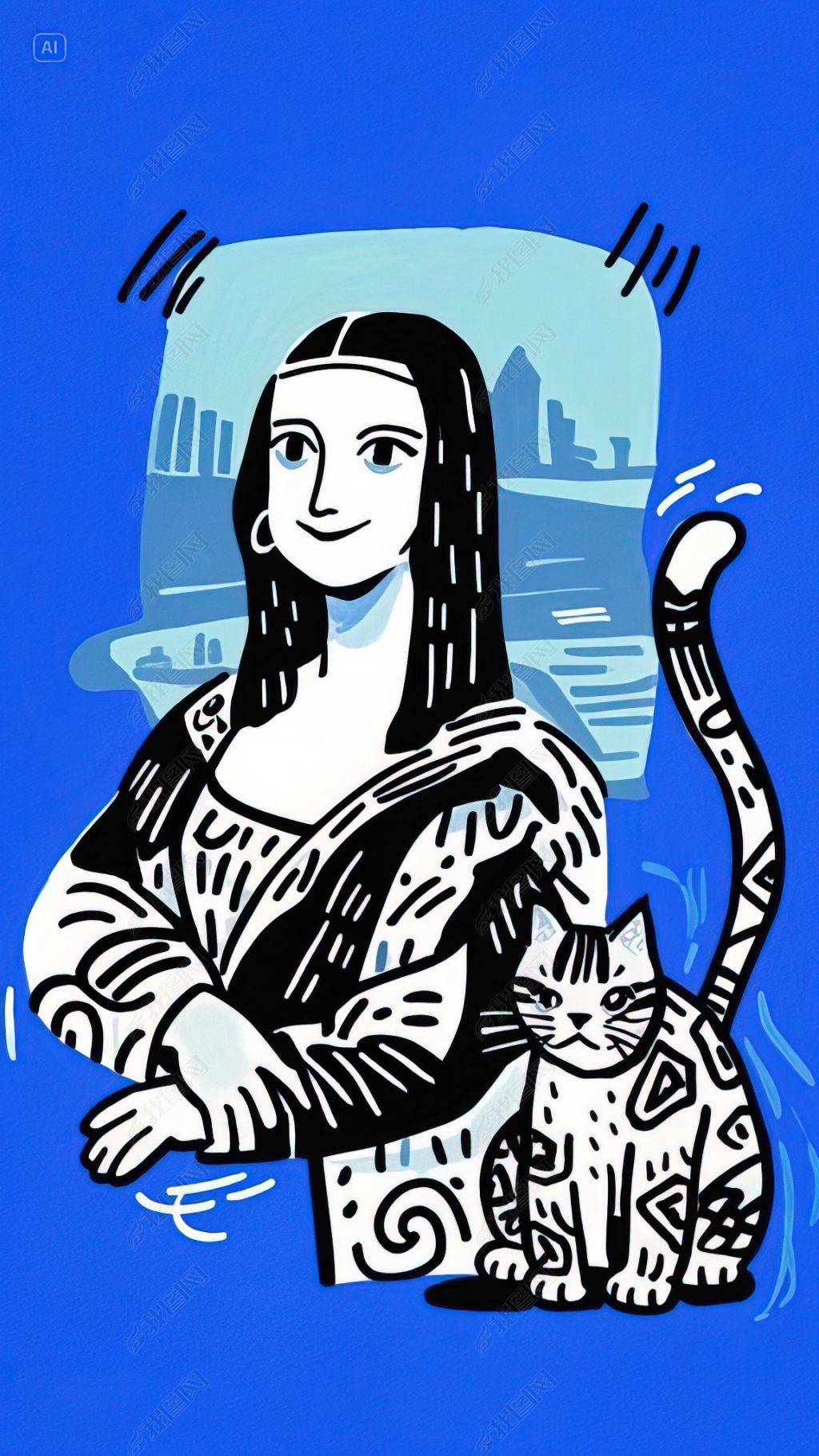 原创卡通抽象风蒙娜丽莎的微笑手机壁纸