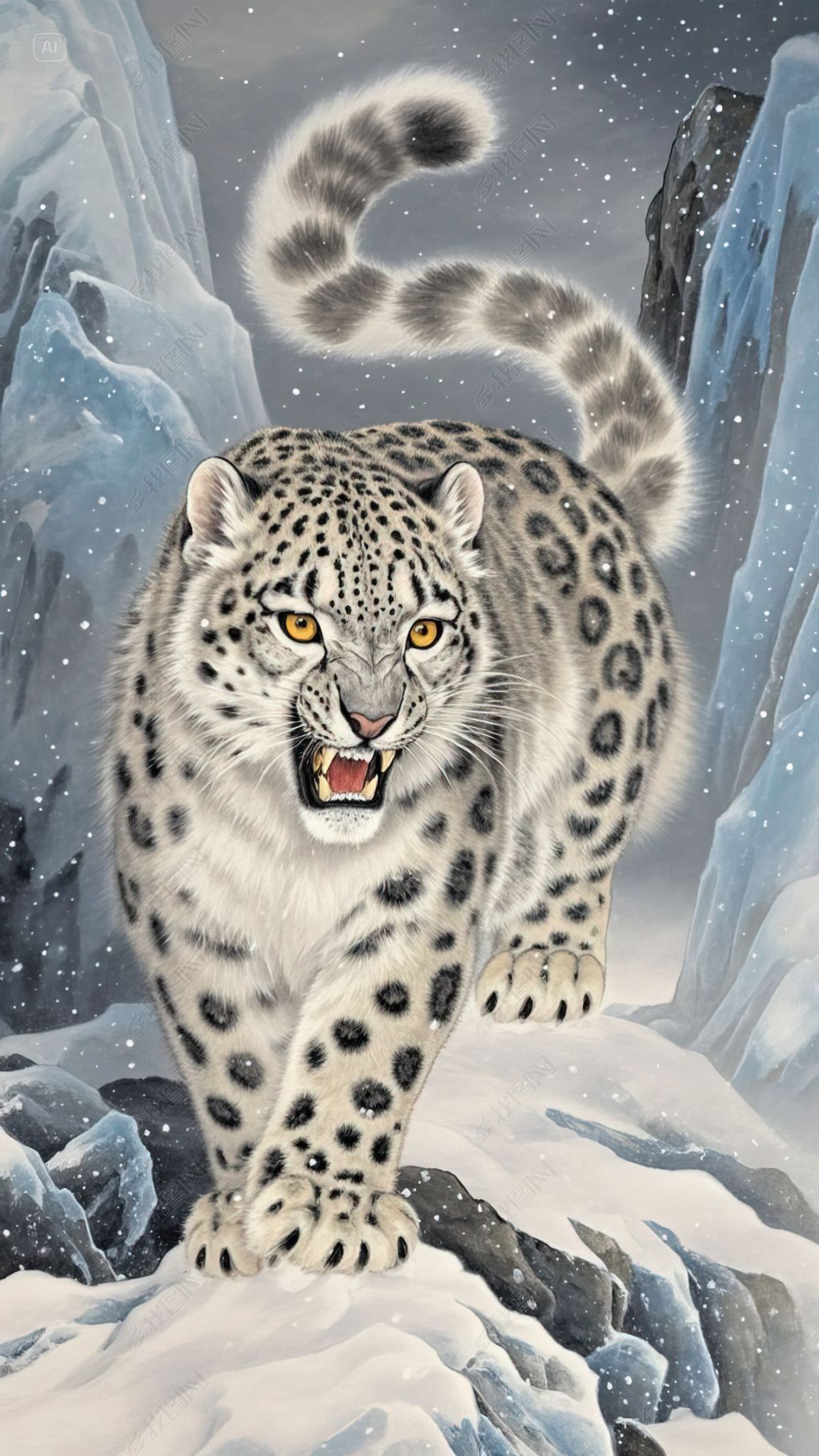 原创暴风雪中白色雪豹手机壁纸