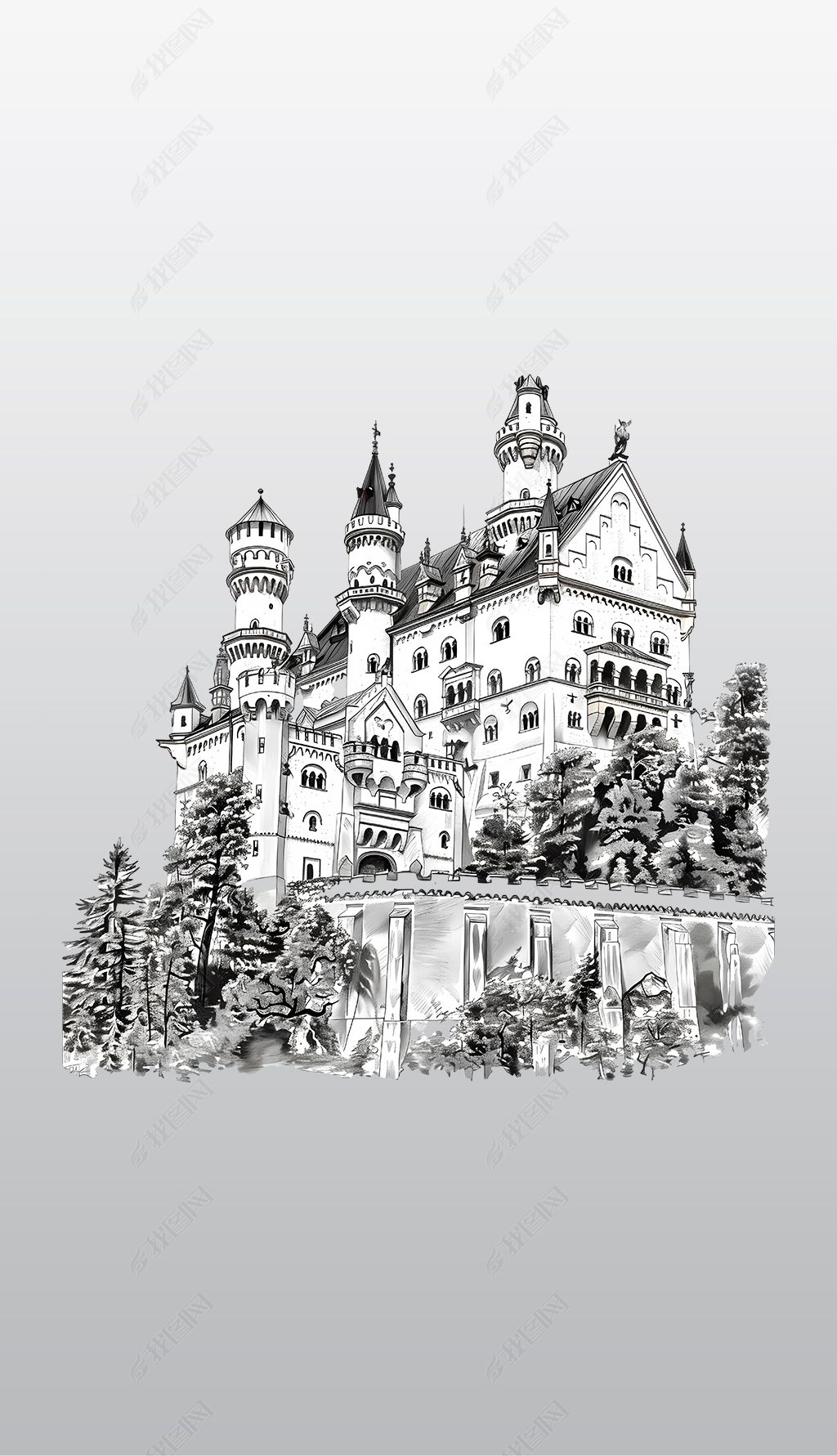 原创艺术设计的黑白城堡插图高清透明免抠图片素材
