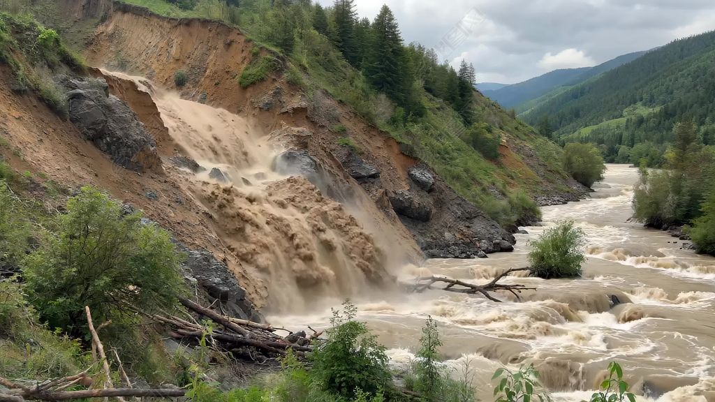 原创山间河流旁山体滑坡景象山体滑坡泥石流灾害