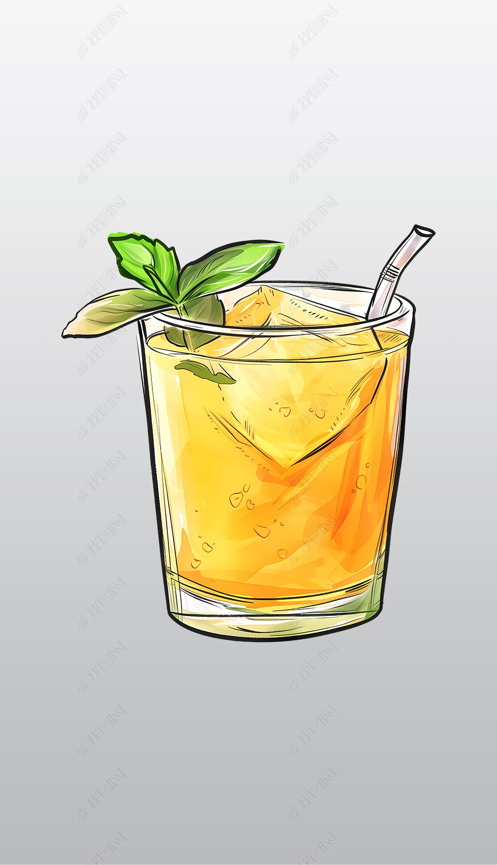 原创带薄荷装饰的黄色冰饮品玻璃杯透明免抠png素材