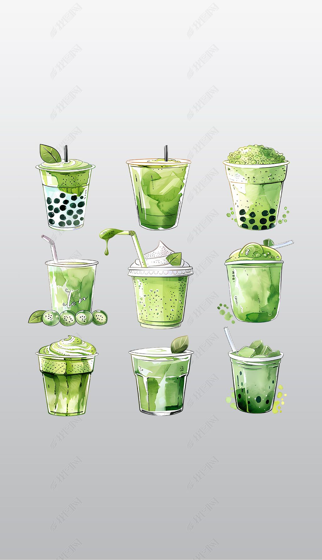 原创杯中各类绿色饮品插画高清透明免抠png图片素材