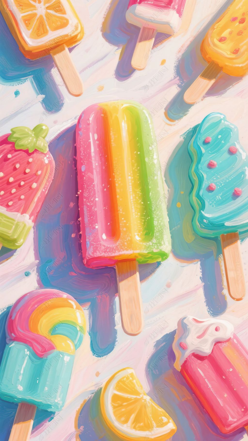 原创油画色彩斑斓造型各异的彩色雪糕手机壁纸