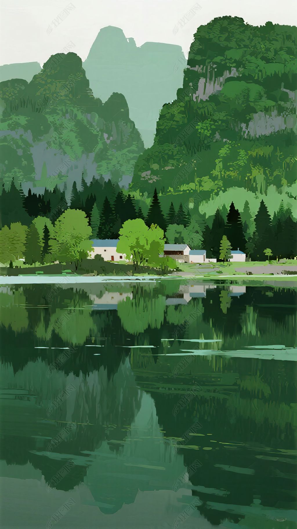 原创宁静的山水景色远处是层叠的绿色山峦山上树木茂密手机壁纸