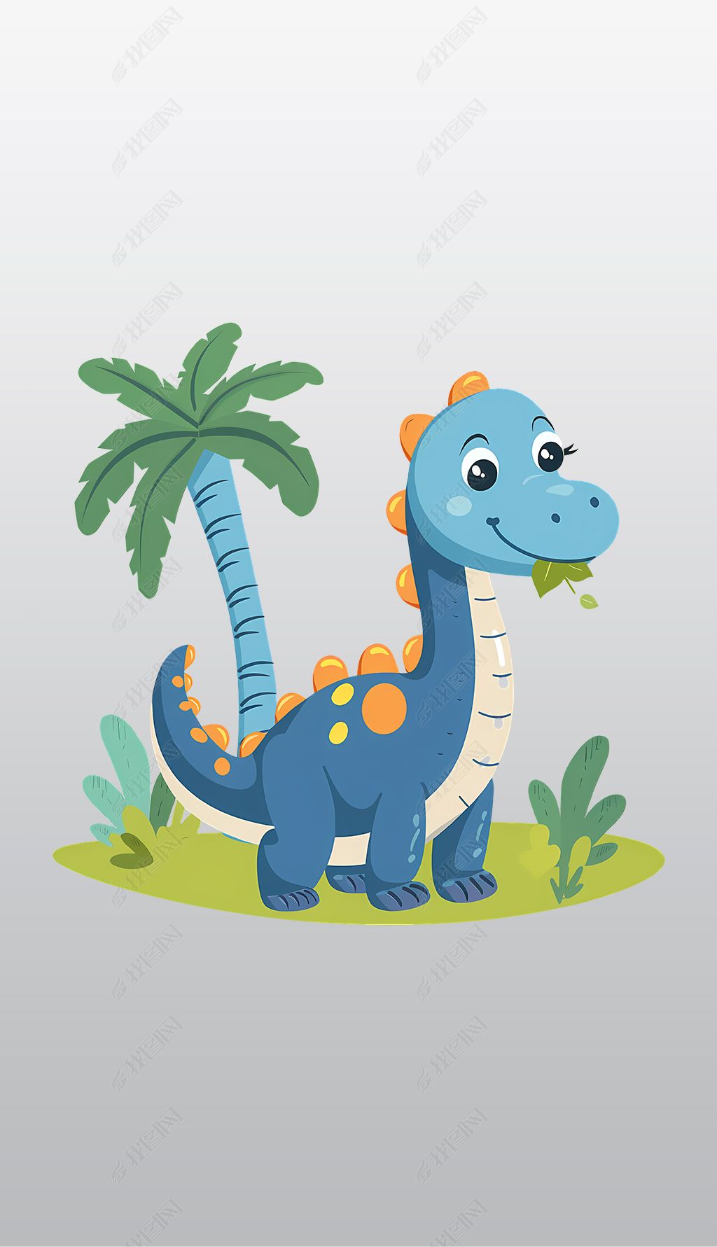 原创带棕榈树的可爱蓝色恐龙高清透明免抠png图片素材