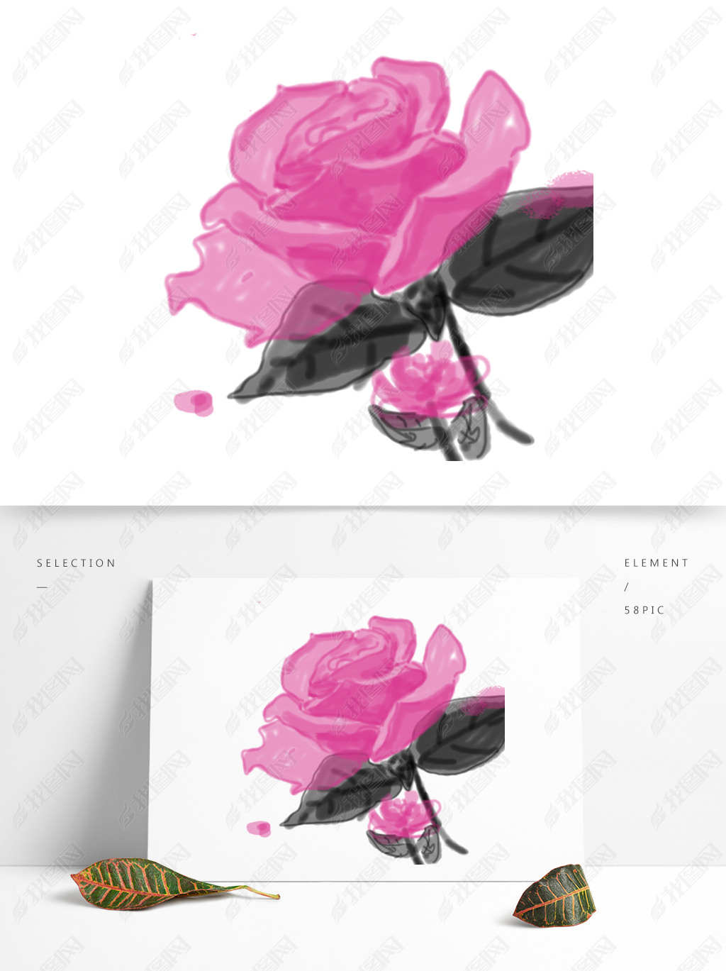 原创水墨画植物玫瑰花盛开彩色清新手绘简洁版权可商用