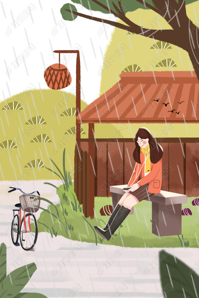 十月你好文艺雨中躲雨女孩插画背景