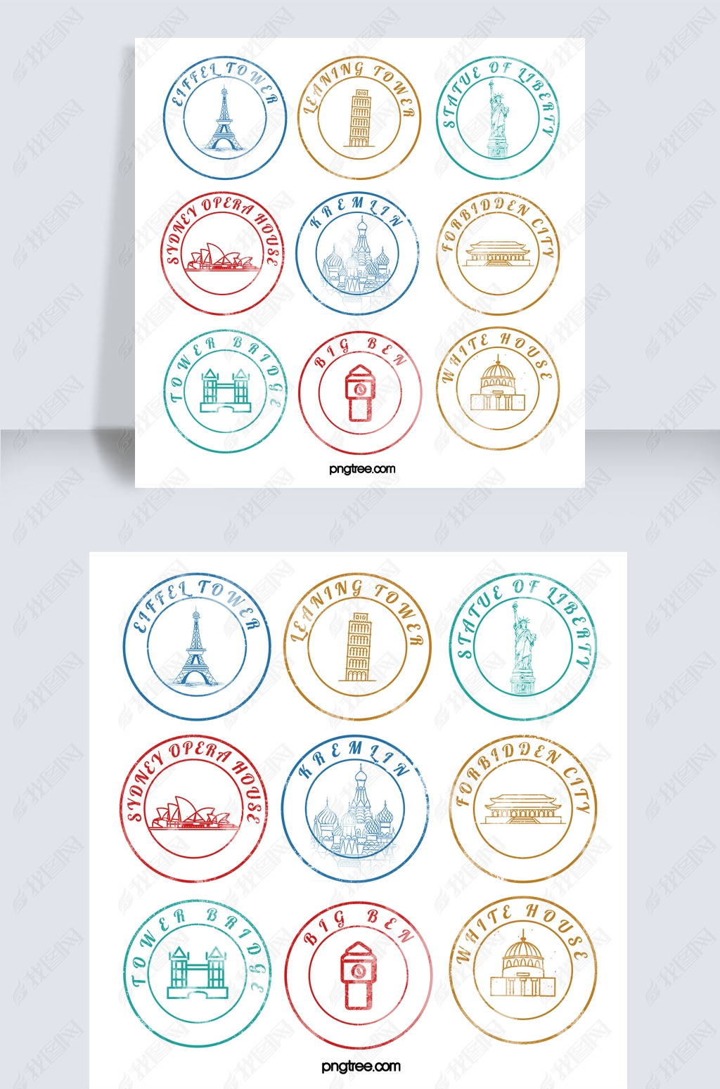 手绘经典地标复古邮戳元素