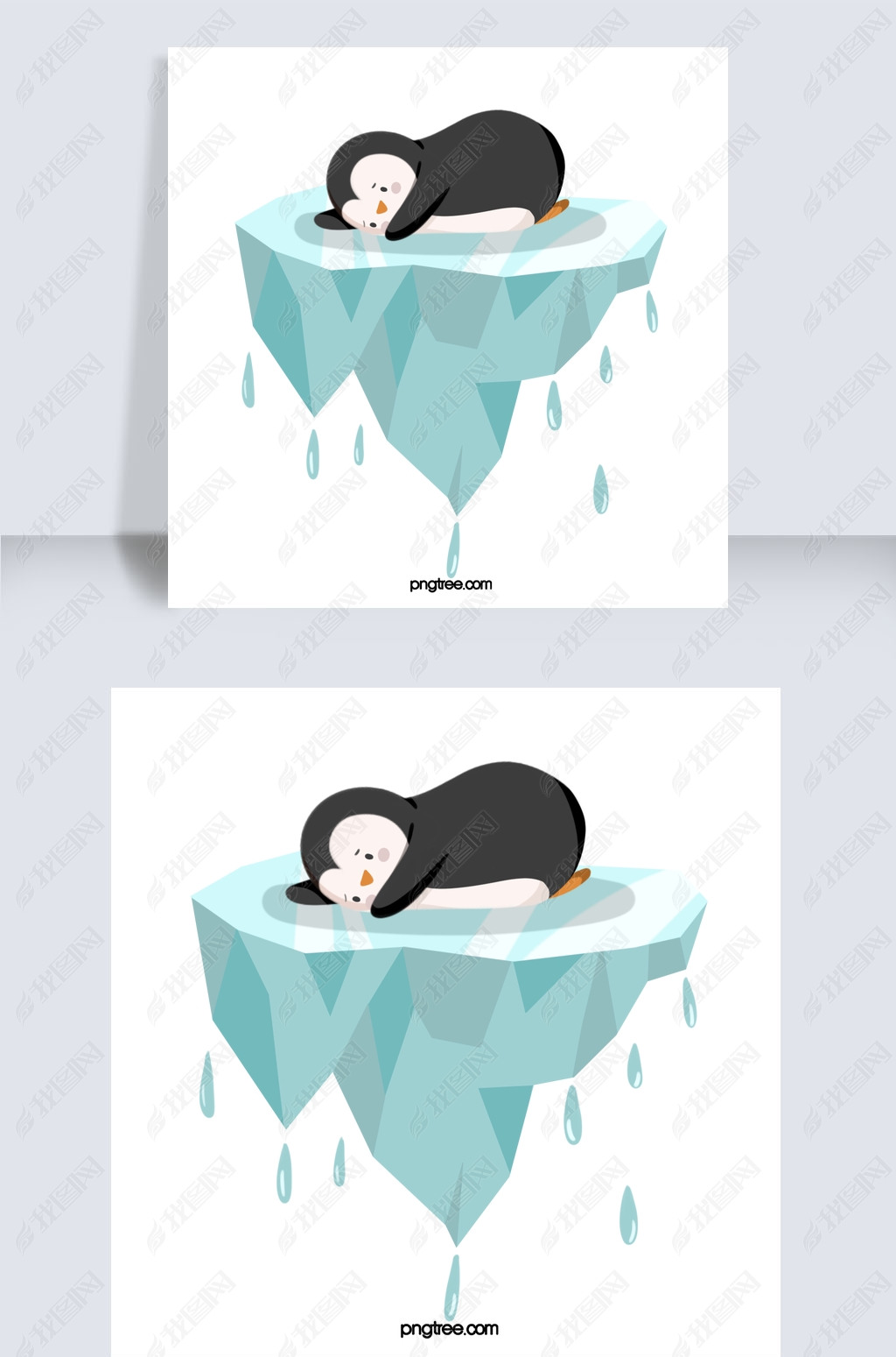 手绘风格冰川融化企鹅元素