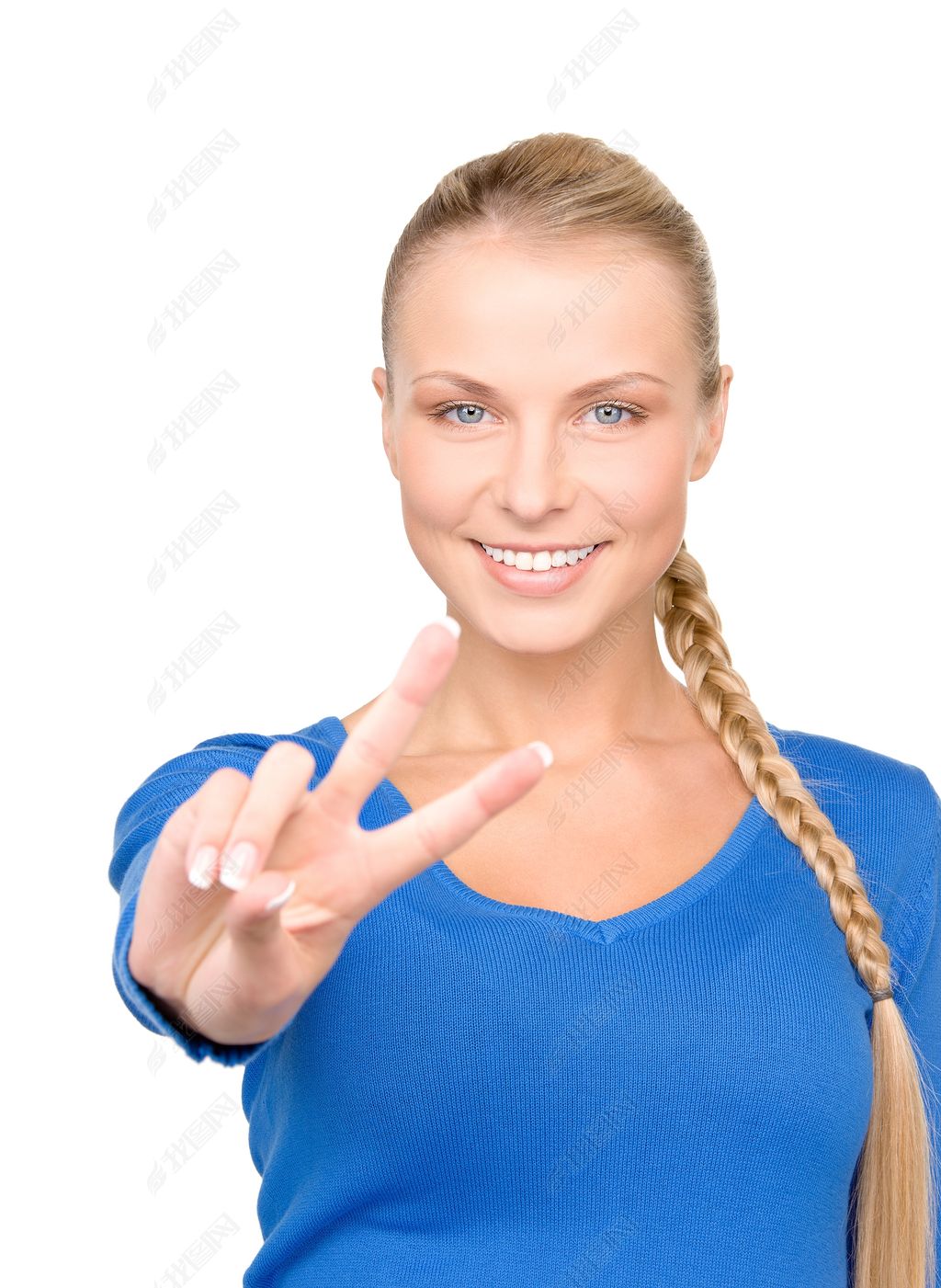 明亮金发女孩胜利手势图片