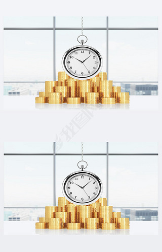 A composition of golden coins and hanging on the chain pocket watch. New York panoramic office on ba