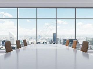 Panoramic conference room in modern office in New York City. Brown leather chairs and a table. 3D re