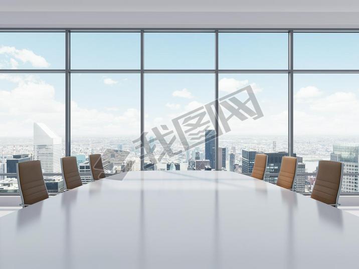 Panoramic conference room in modern office in New York City. Brown leather chairs and a table. 3D re
