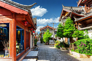 Scenic street in the Old Town of Lijiang. Yunnan province, China